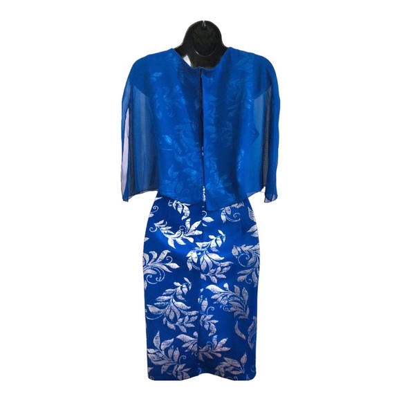 EnFocus studio blue sheer veil cape silver foil print sheath dress size 8P new - Picture 10 of 16
